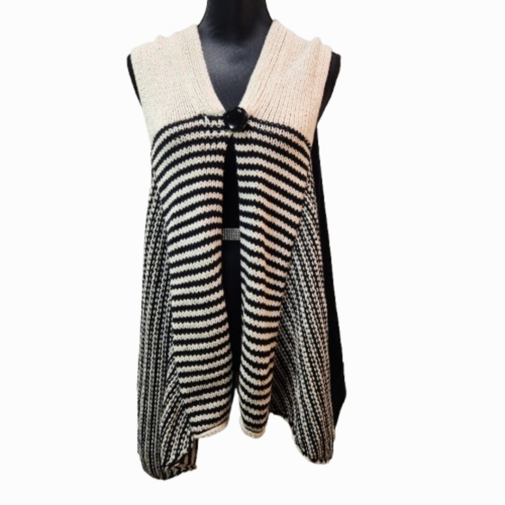 PURE Handknit by Anthropologie Black White Striped Open Front Sweater Vest (S/M)